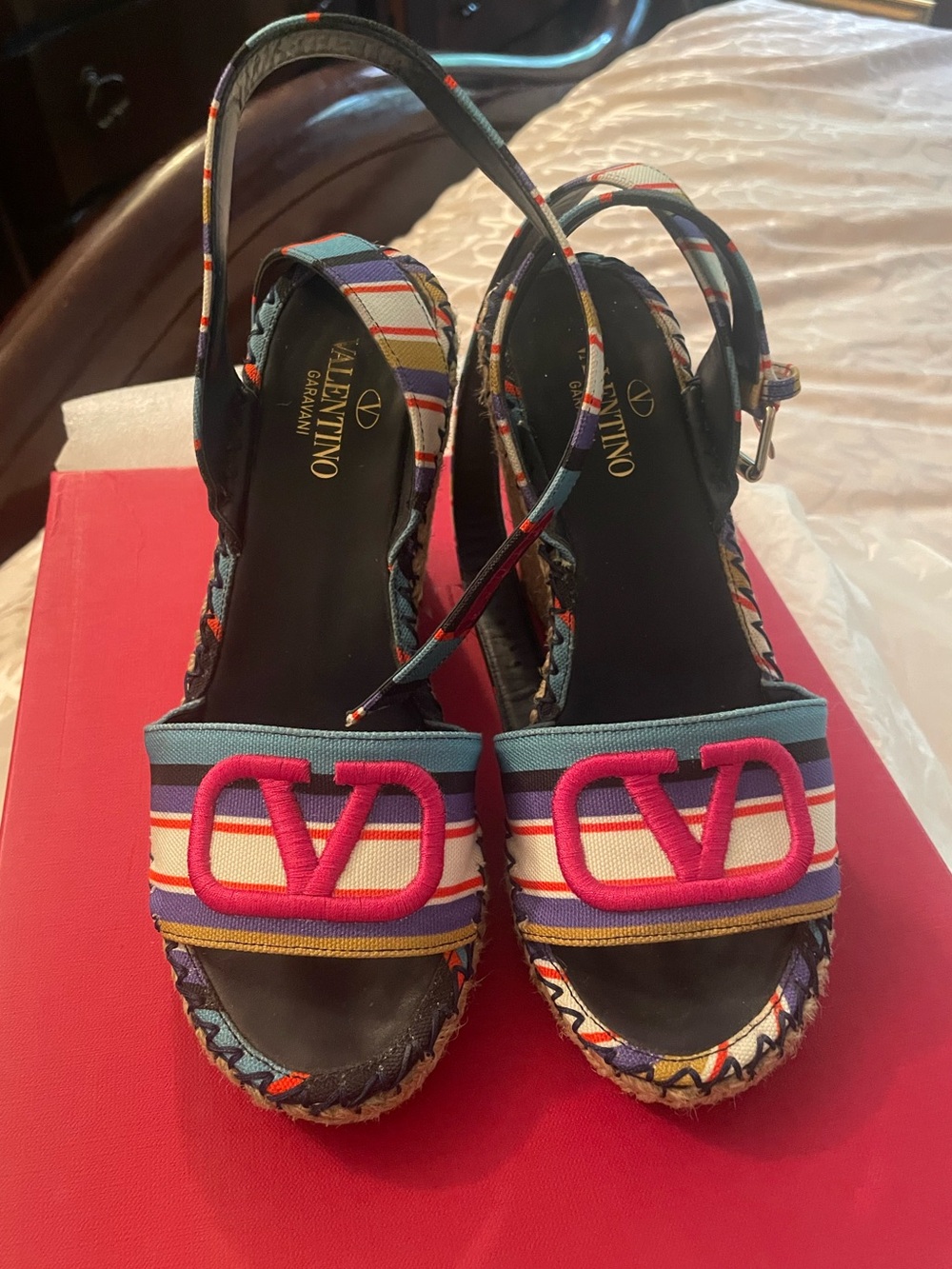 Valentino Garavani Multicolor Striped Logo Espadrille Wedge Sandals size 37